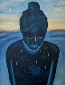 Dark figure with raindrop patterns and ocean background