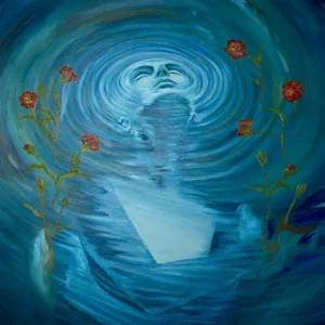 Submerged face in swirling blue water