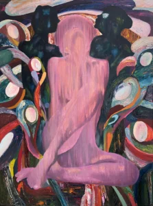 Colorful oil painting of a pink figure surrounded by abstract shapes